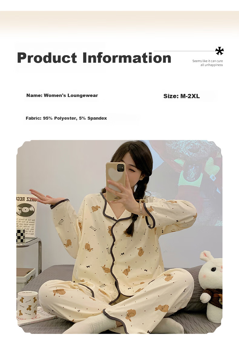 Hug Cotton Women's Pajamas Cartoon V-Neck Cardigan Loose Long Sleeve Long Pants Two-Piece Set Homewear Bear M 4