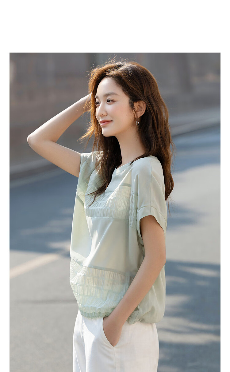 Demana [Sen Oxygen Bubble] Summer Elegant Urban Patchwork Round Neck Raglan Sleeve Loose Slim Shirt for Women High-End Feel 11