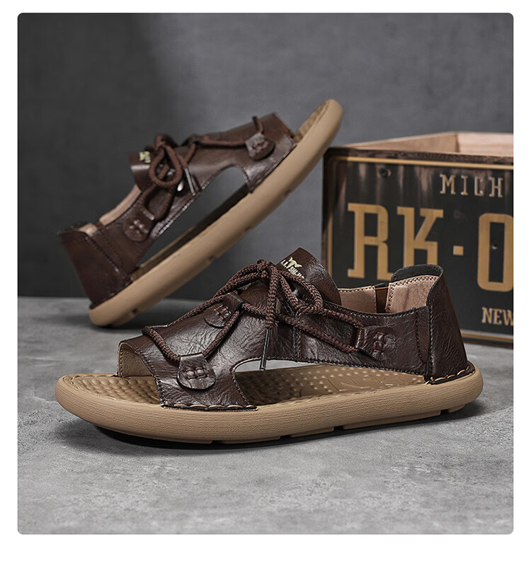 G.N.Shi Jia Leather Sandals for Men, Summer New Style Breathable Hollow Beach Shoes, Soft-Soled Outdoor Casual Slippers, Versatile Commuter Men's Shoes 12