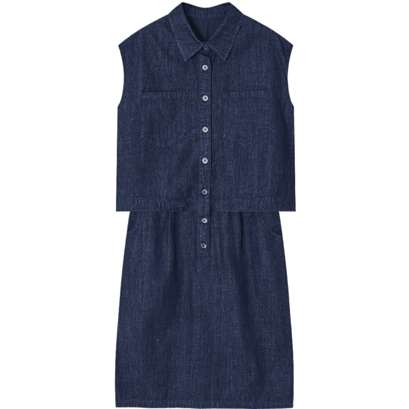 Demana Denim Cloud Oxygen Summer Vintage Faux Two-Piece Sleeveless Collared Petite Denim Dress for Women Premium Feel