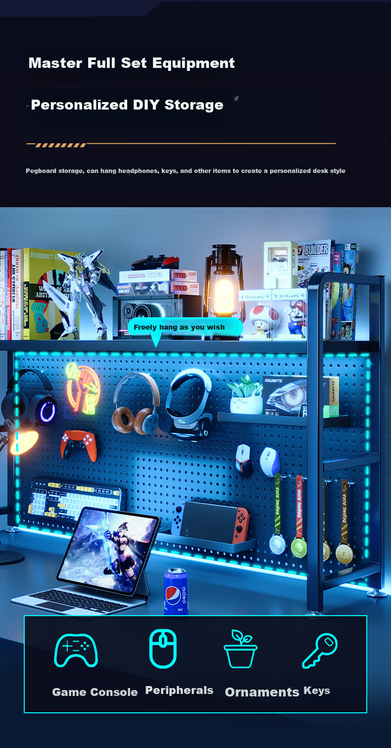 Shanshan Wooden Desktop Bookshelf Storage Rack Pegboard Multi-layer Gaming Desk No-drill Organizer Rack 6