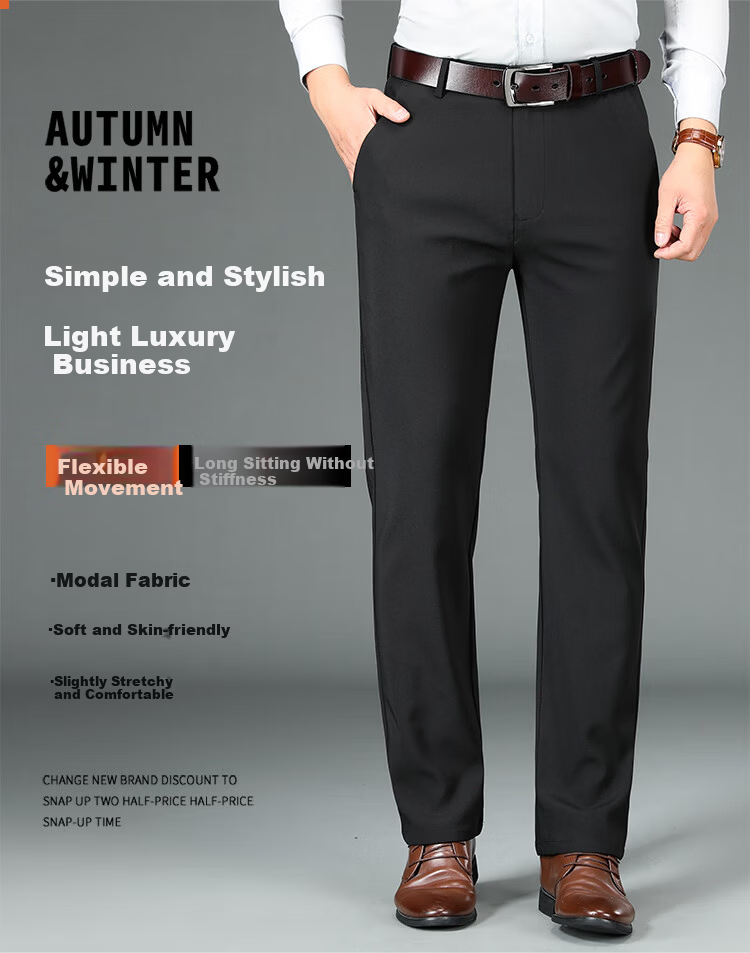 RED DRAGONFLY Men's Casual Thick Business Fashion Versatile Modal Straight Elastic Suit Pants Black 1