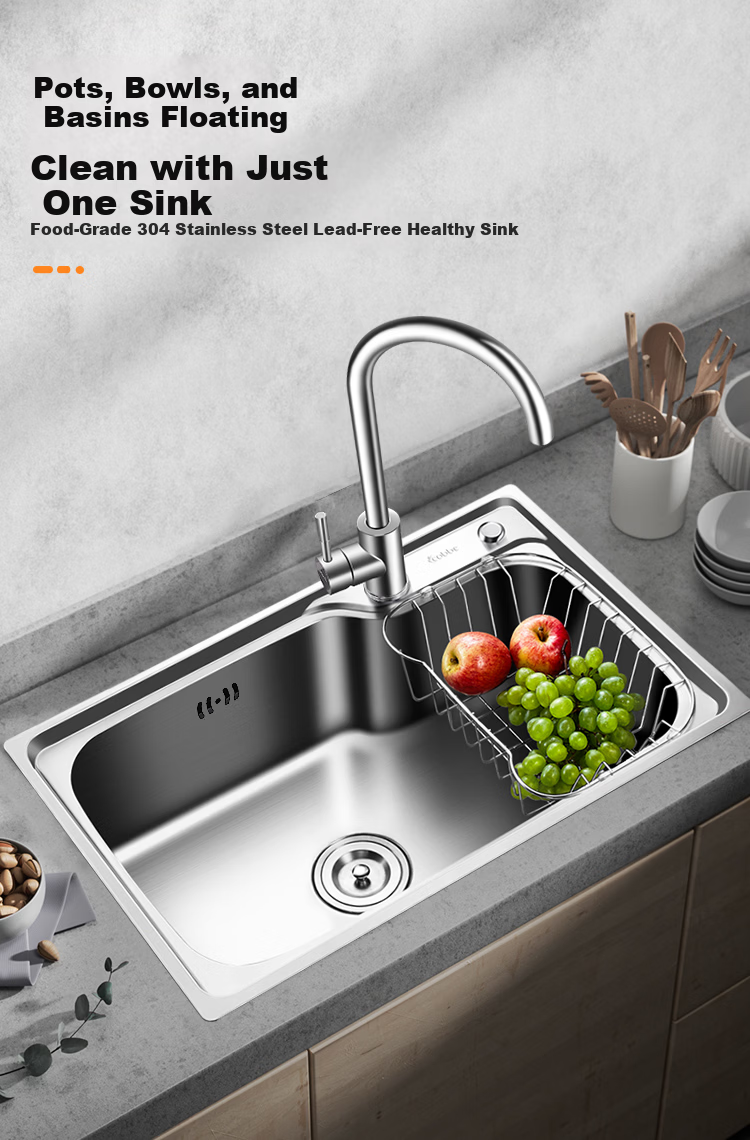 Cobbe Japanese Style 0 Coating Grain Texture Scratch-Resistant Kitchen Sink Single Bowl with Strainer 304 Stainless Steel Integrated Basin 4