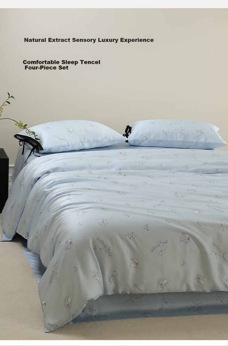 Inward Journey 60s Lenzing Tencel Four-Piece Summer Bedding Set Cooling Bed Sheet with Butterfly Bow Rabbit Design for 1.2m Bed 1
