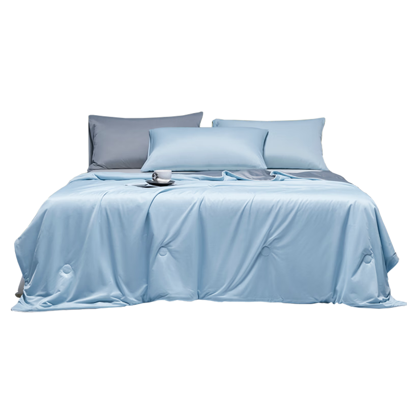 Jiuzhoulu Cooling Antibacterial Ice Silk Summer Quilt A-Class Double Machine Washable Thin Air-Conditioned Blanket Blue Gray Patchwork
