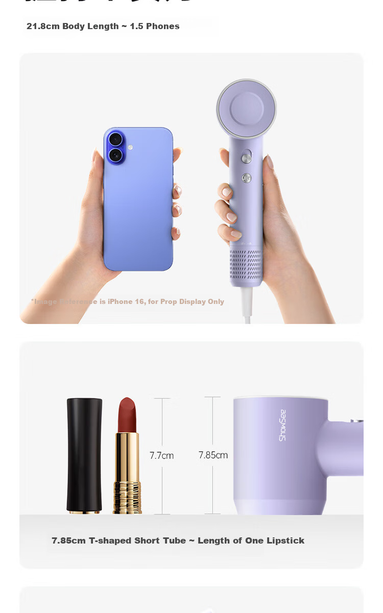 Showsee 110,000 RPM High-Speed Mini Portable Hair Dryer Fast Drying 600 Million Negative Ions Hair Care Quiet High Power Women's Day Gift with Concentrator Nozzle A15 6