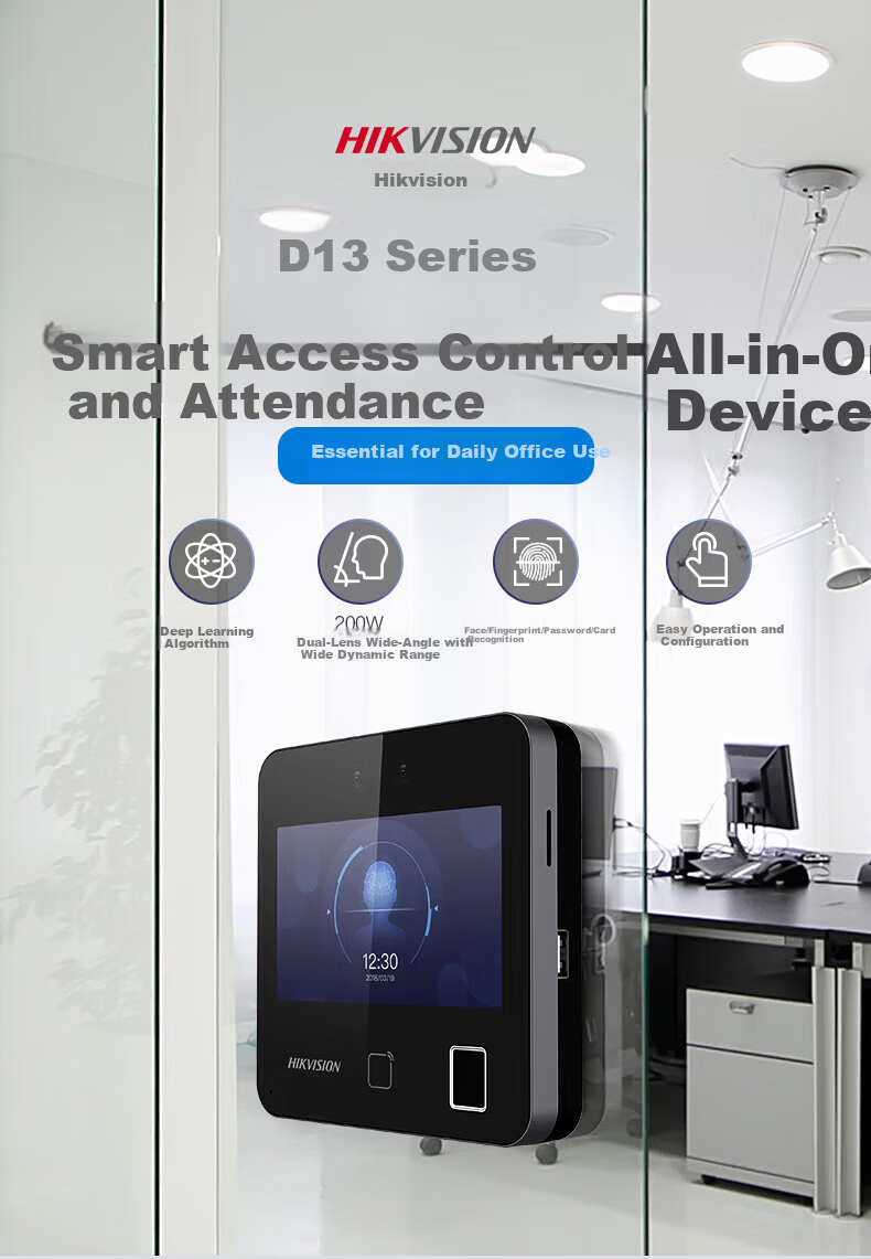 Hikvision Facial Recognition Access Control All-in-One Machine Office Attendance Fingerprint Time Clock Face+Card+Password D13 1