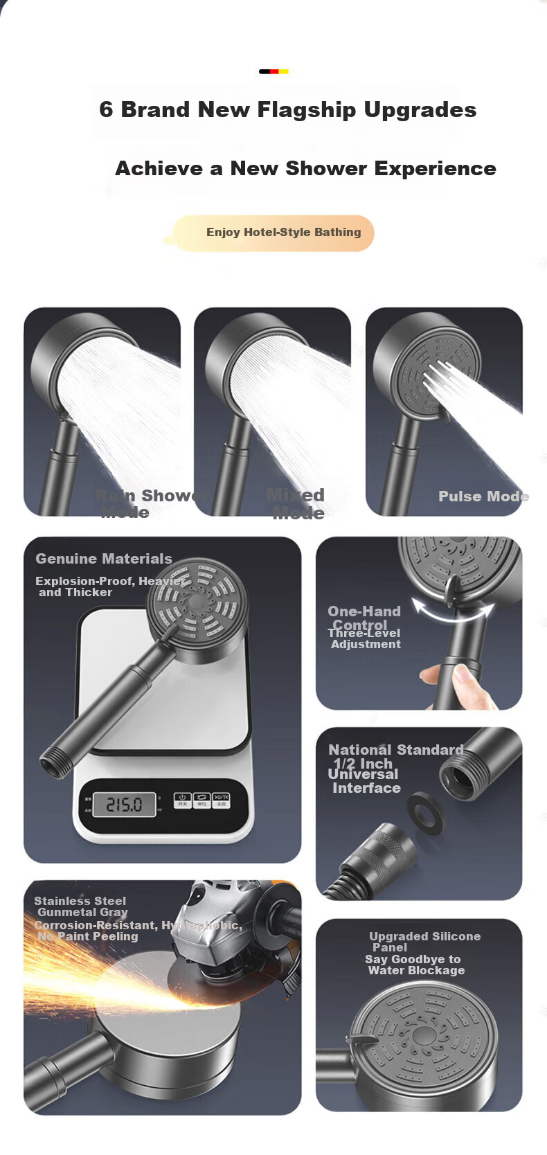 HOMK German Pressurized Shower Head 304 Stainless Steel High-Pressure Shower Sprayer 4