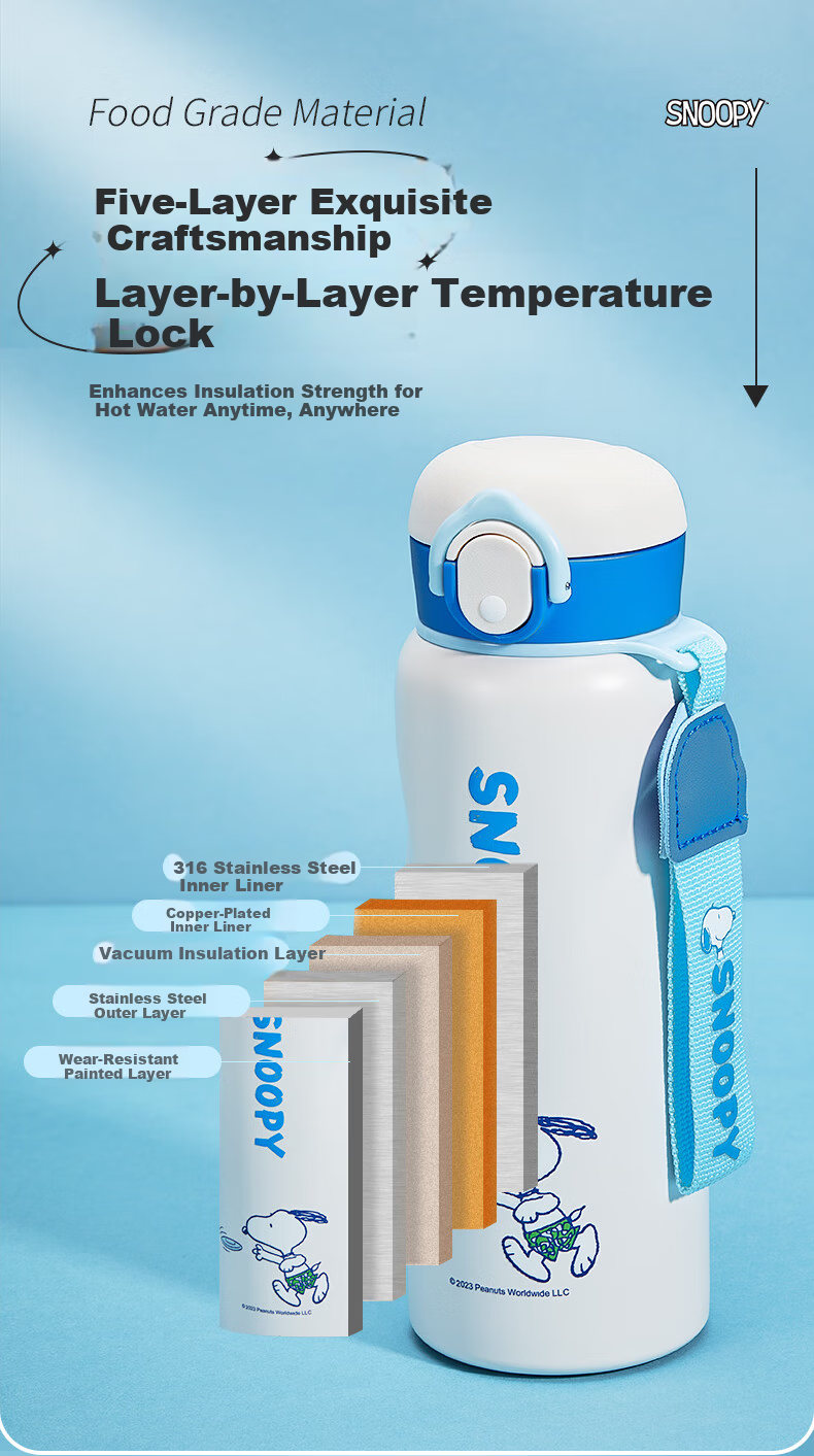SNOOPY Children's Insulated Cup 316 Stainless Steel Boys and Girls Elementary School Students Portable Direct Drinking Bottle Water Cup with Lanyard 480ml Blue 4