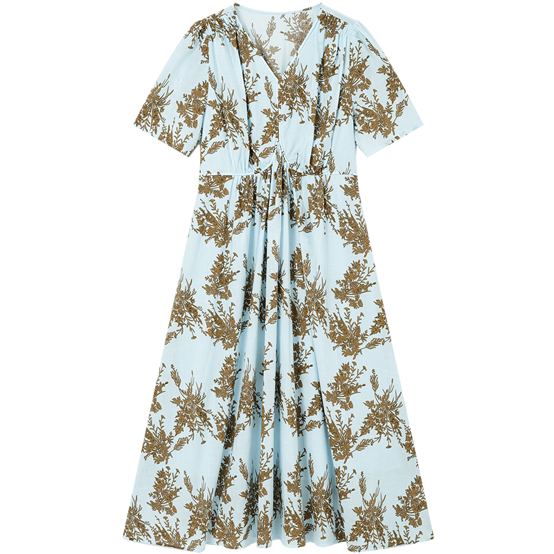 Demana Fresh Cotton Summer Vacation Style V-Neck Puff Sleeve Waist-Cinched Flared Slimming Dress for Women Premium
