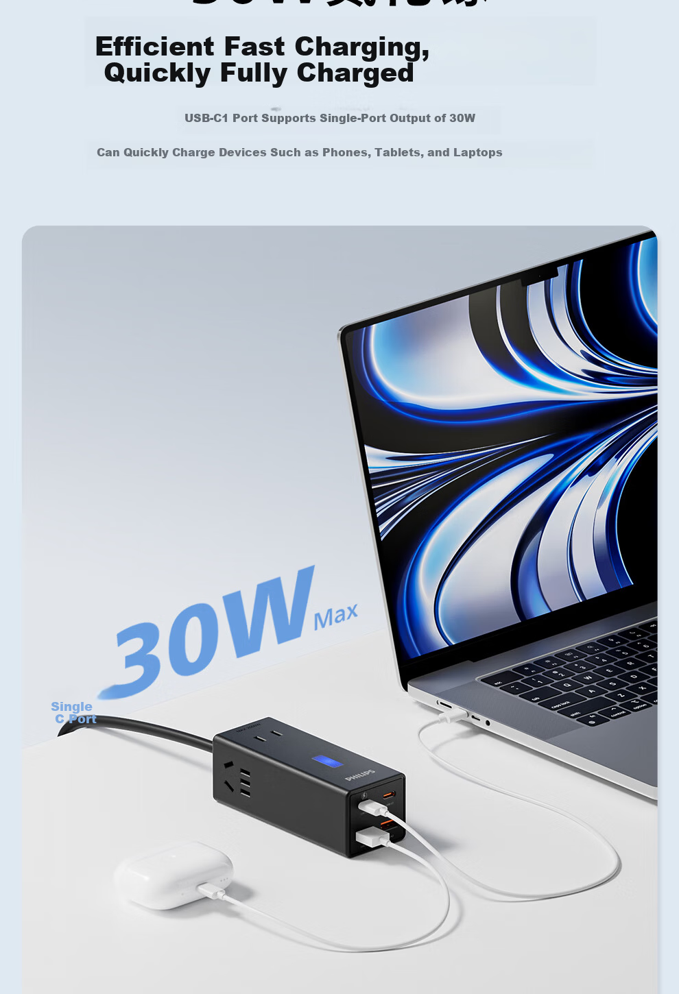PHILIPS 30W Desktop Charging Station with USB Socket Type-C Power Strip Fast Charging Multi-Functional Power Strip Multi-Port Charger Expansion Dock 2.8m 4