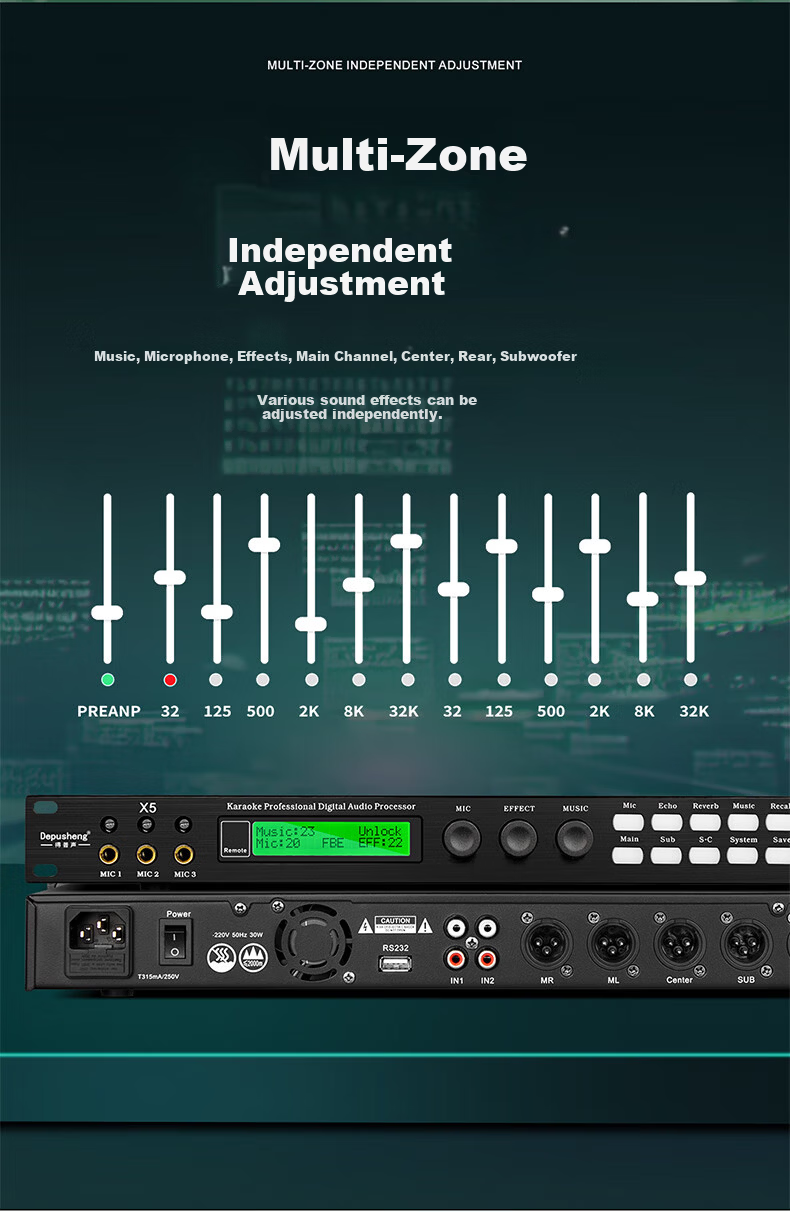 Depusheng X5 Professional KTV Preamp Effects Processor Digital Audio Processor Stage Singing Conference Home Karaoke Reverb Mixer Anti-Howling Suppression Home Effects Processor 7