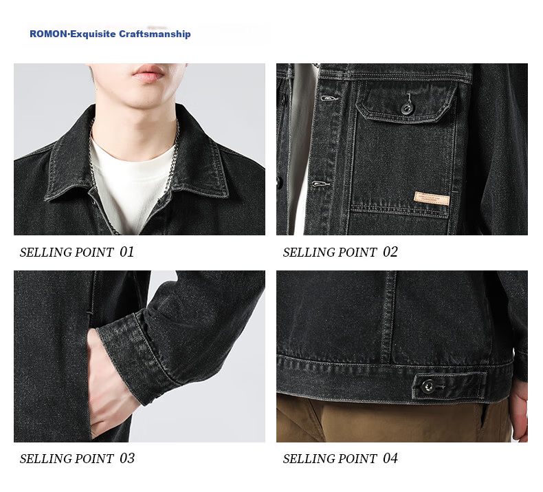 ROMON [Workwear Retro] Men's Jacket, Summer Turn-Down Collar, Loose-Fitting Trendy American Casual Denim Coat, Black And Gray, Size L 7