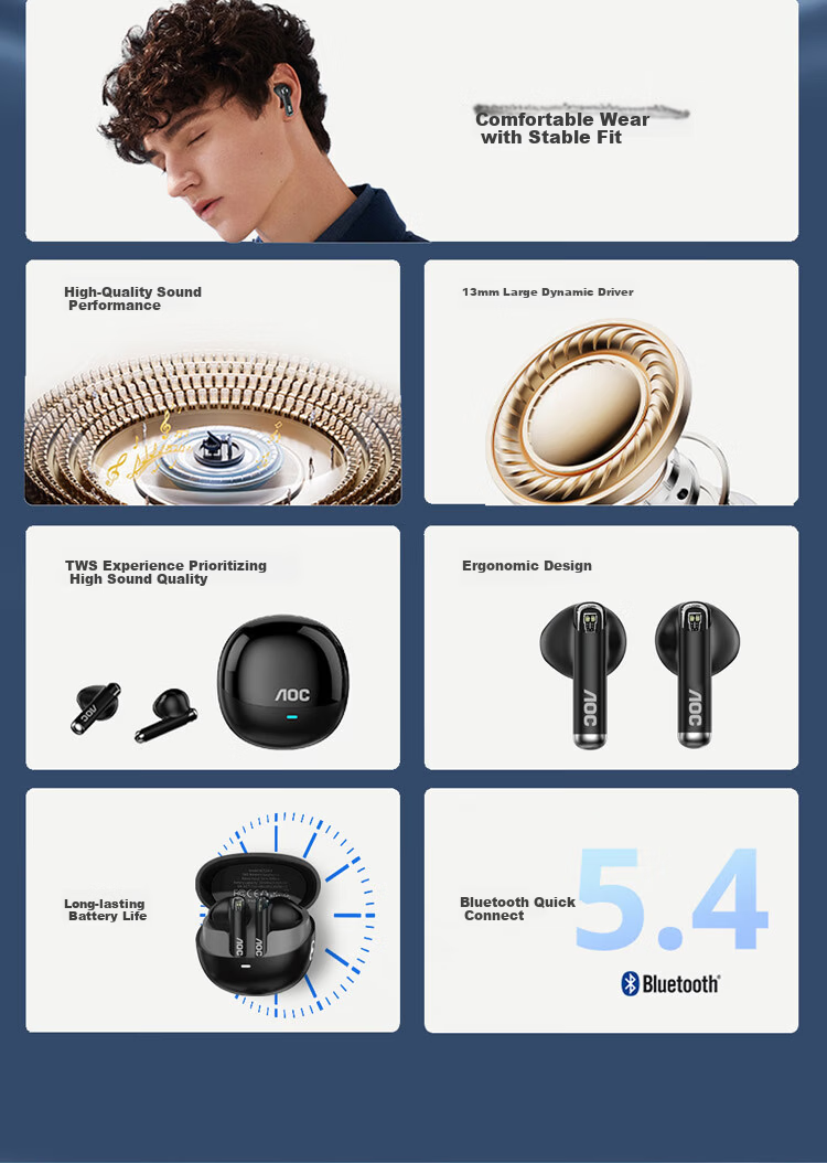 AOC Wireless Bluetooth In-Ear Earphones Long Battery Life Fast Charging for Apple Huawei Xiaomi OPPO Phones Sports Running Gaming ACT2504BK Black 2
