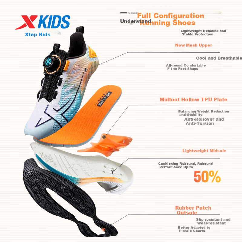 XTEP Kids Sports Shoes Children's Running Shoes High Rebound Professional Running Shoes New White/Energy Orange Size 37