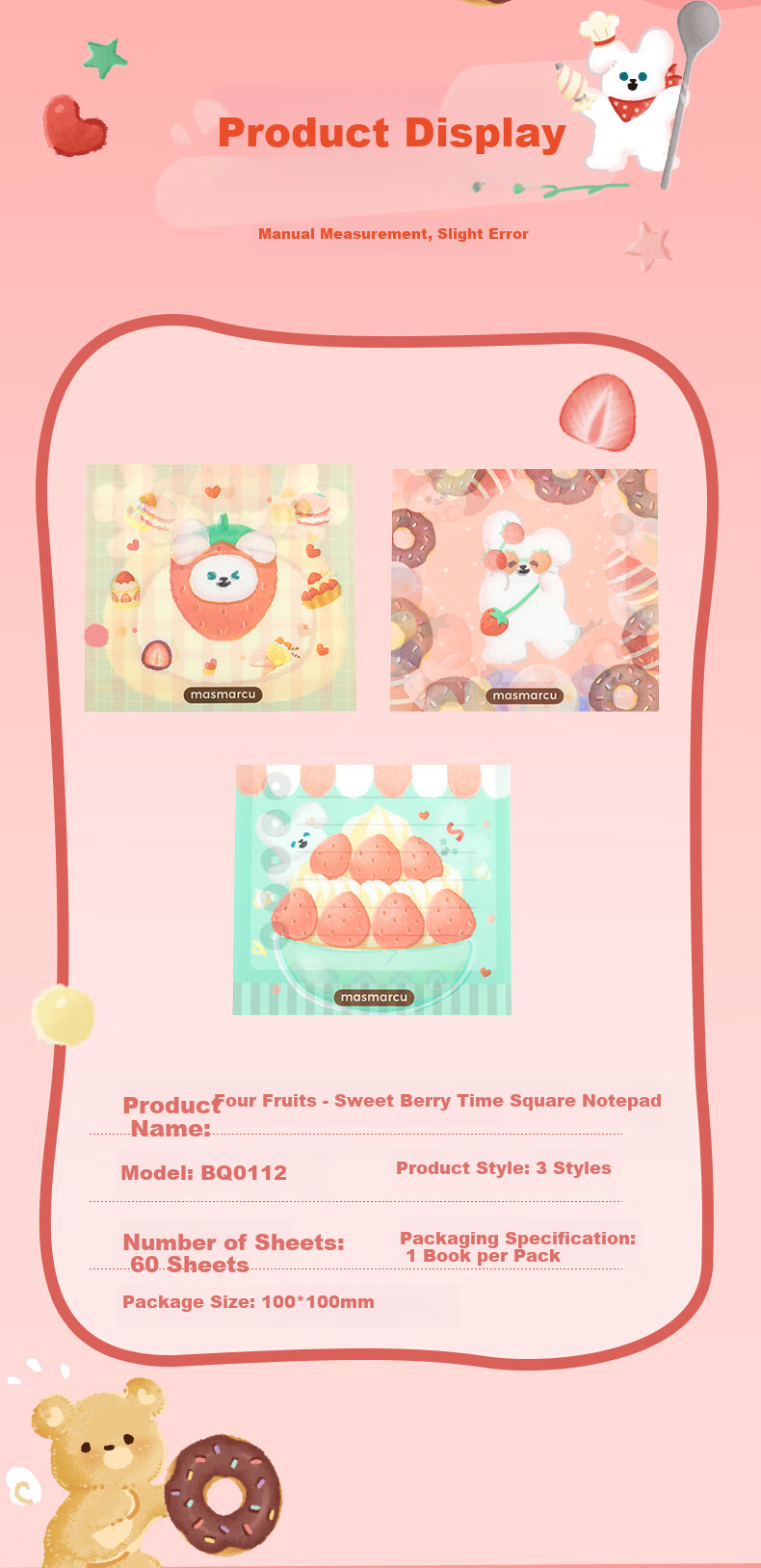 M&G Creative Sweet Berry Time Square Sticky Note Pad, Cartoon High-Quality Student Planner Notebook, Portable Mini Journal, 1 Book with Random 60 Sheets BQ0112 9