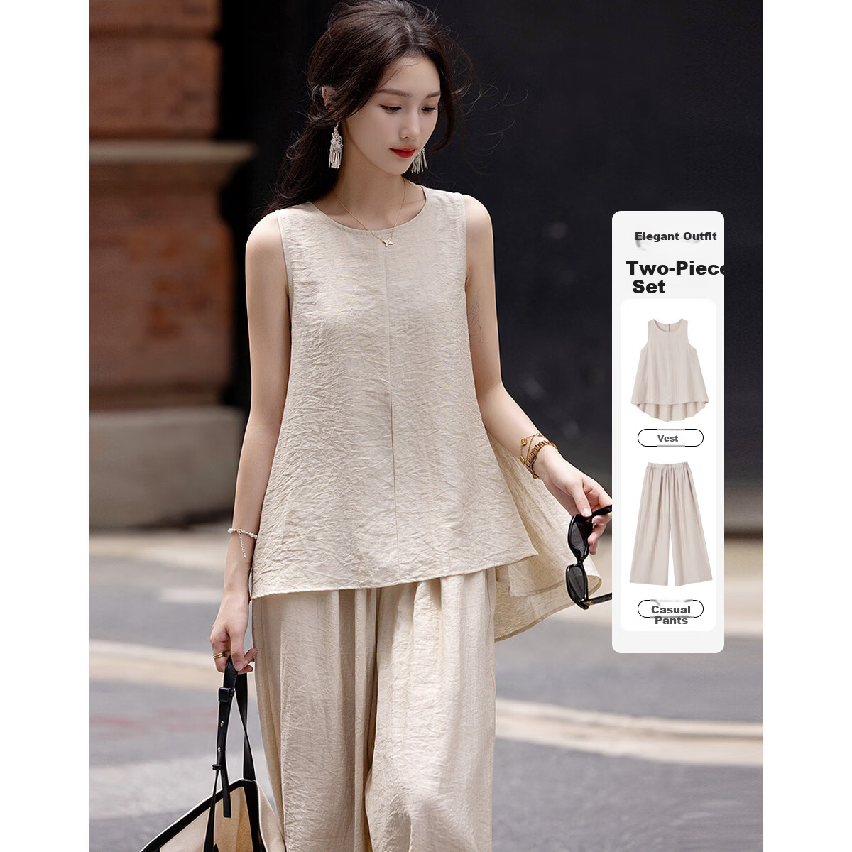 Demana [Simple Heart] Summer Cool Sensation Artistic Style Set Sleeveless Top Elastic Waist Casual Pants Two-Piece Set for Women
