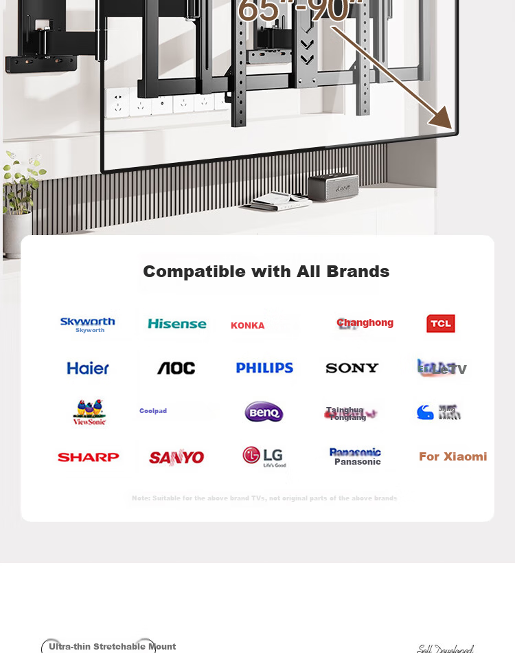 Enlip Ultra-Thin Recessed Split Telescopic TV Wall Mount Bracket 65-90 Inch Compatible with Xiaomi Hisense TCL Skyworth 75/85 Inch TVs No Obstruction to Sockets and Speakers 10