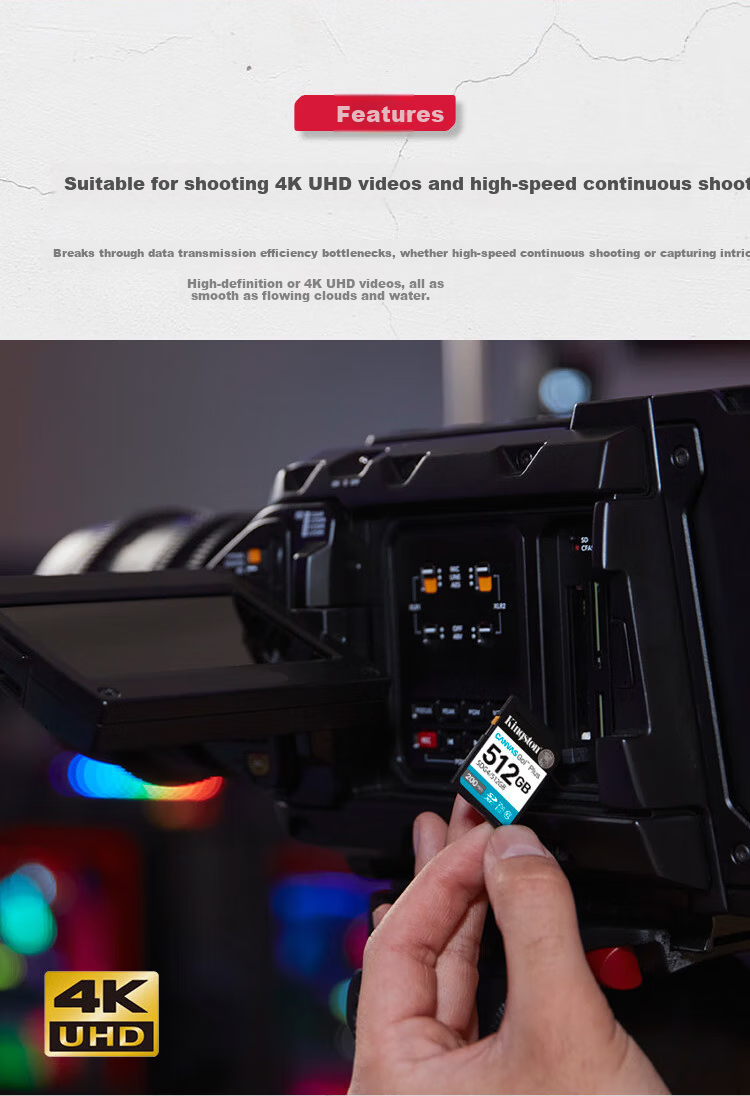 Kingston 1TB SD Card U3 V30 High-Speed Camera Memory Card 4K Ultra HD Recording 200MB/s Read 160MB/s Write 2