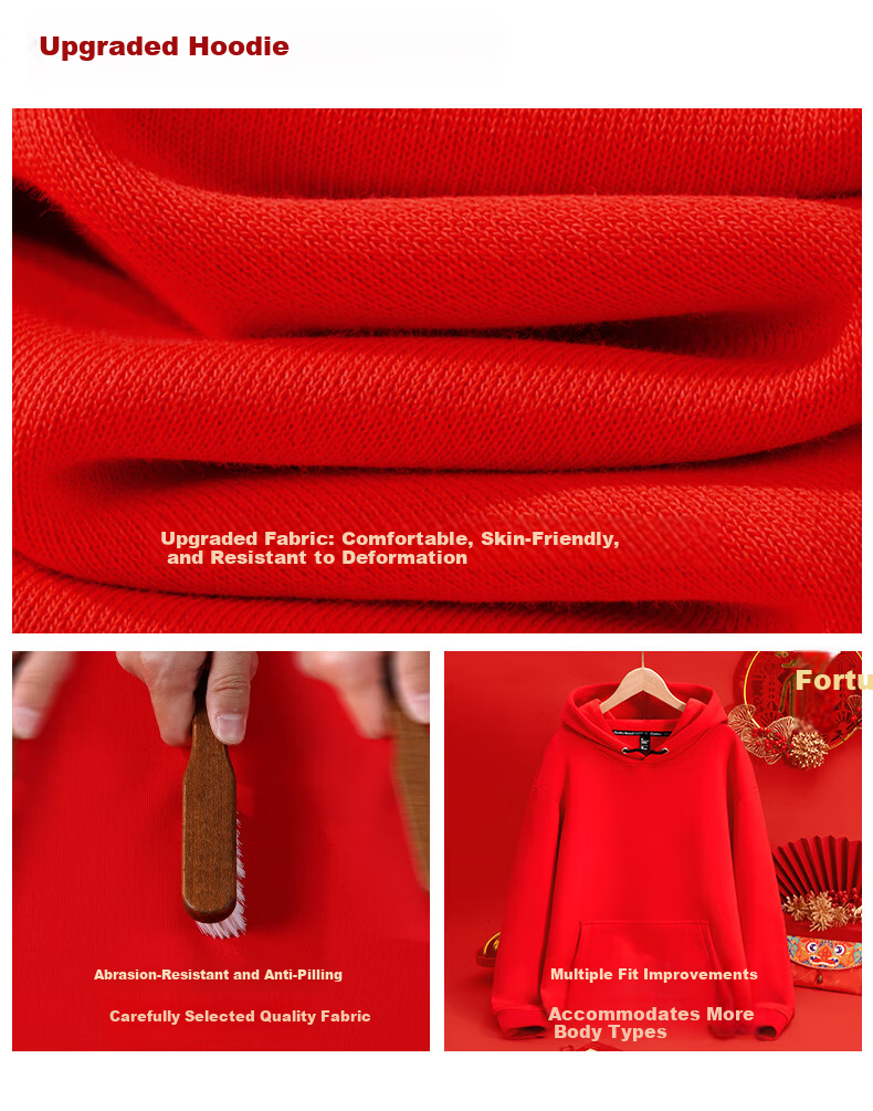 Jeanswest Men's Hooded Sweatshirt Autumn Winter Year of the Horse Red Couple Long Sleeve New Year Jacket 6