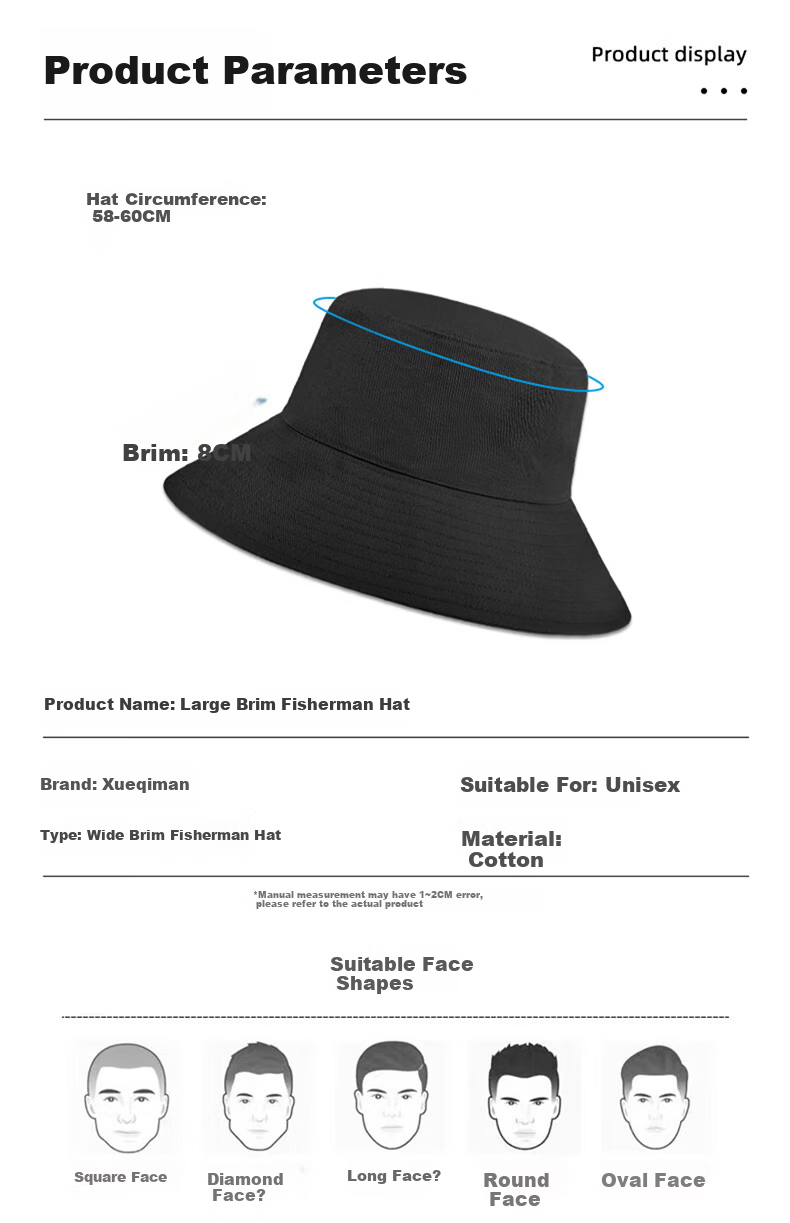 XUEXIMAN Men's Fisherman Hat Large Size Sunshade Black Simple Sun Hat Women's Sun Protection Hat 4
