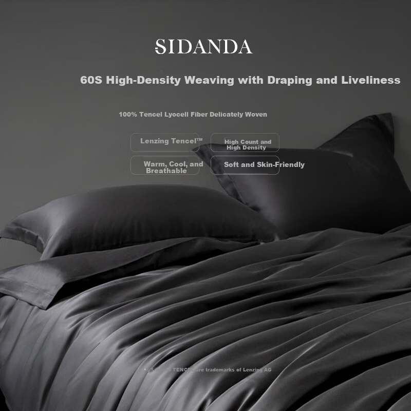 SIDANDA 60s Austrian Lenzing Tencel Four-Piece Fitted Sheet Set Silky Naked Sleep Night Shadow Gray 1.5m Bed Fitted Sheet Duvet Cover 200*230cm