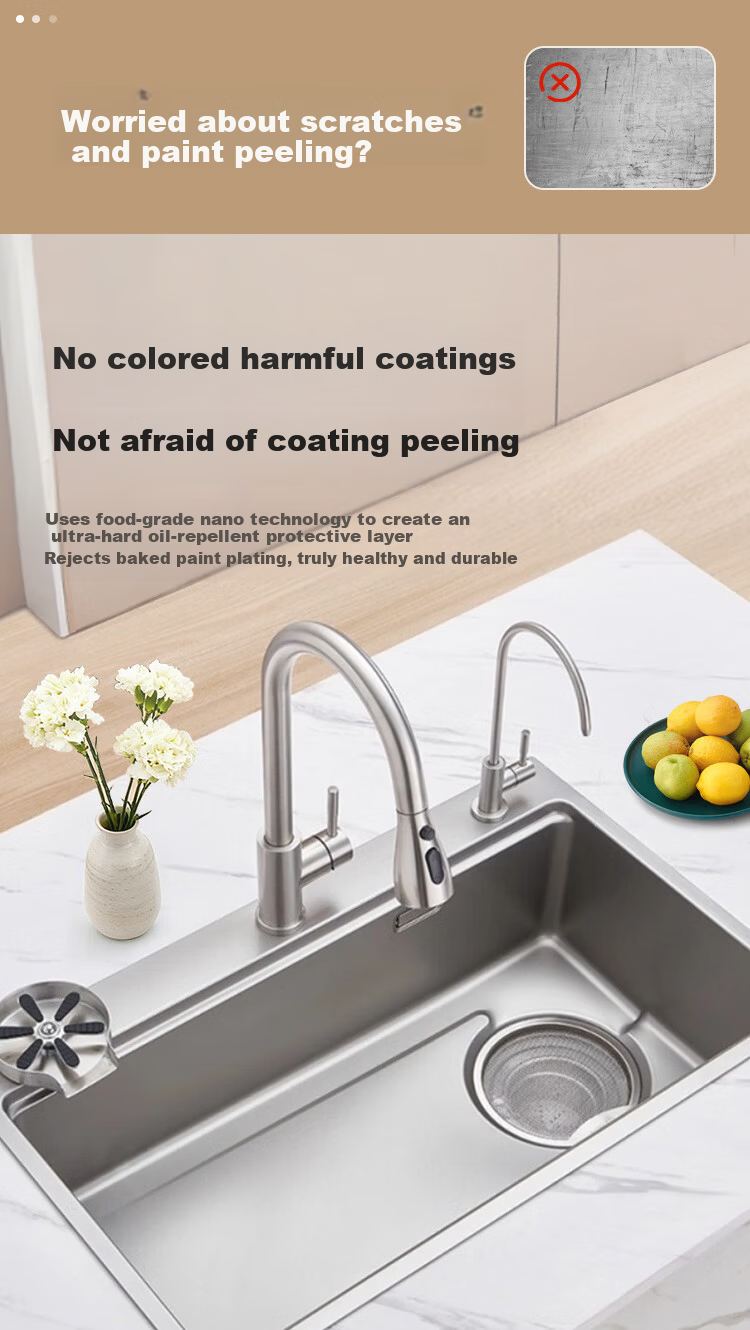 JD Premium Thickened 304 Stainless Steel Grain Texture Nano Kitchen Sink Single Basin 76*46 with Faucet 4