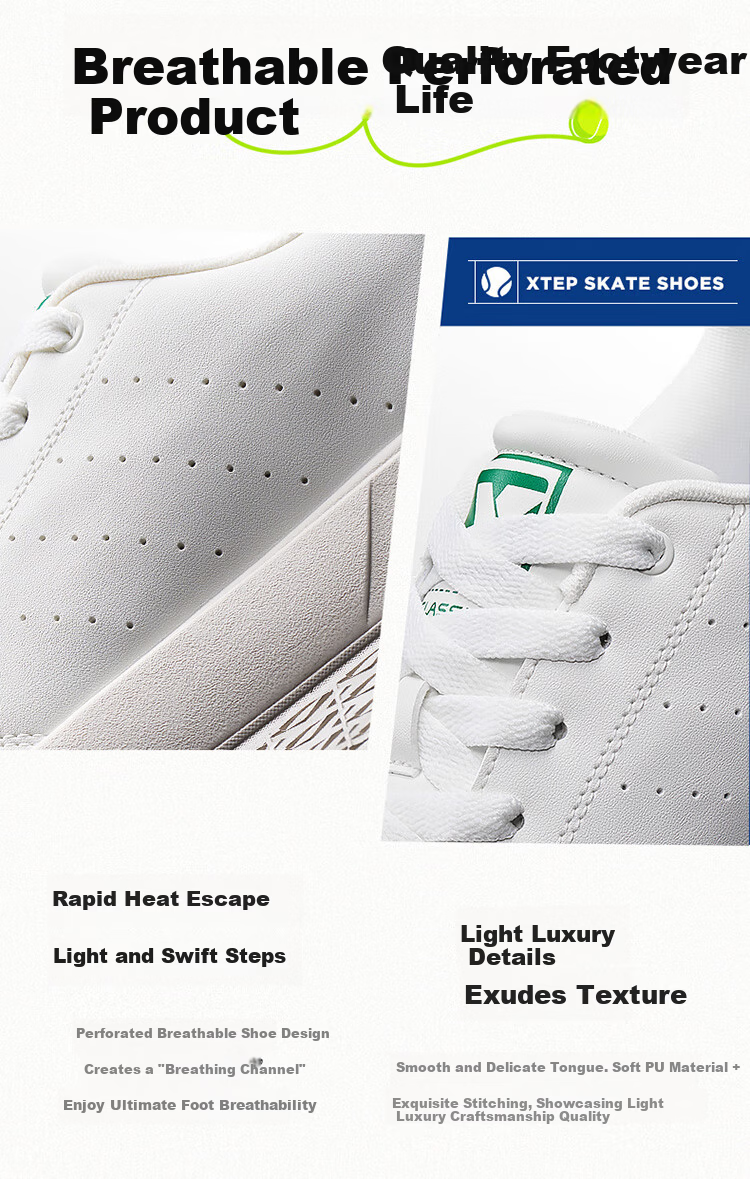 Xtep Couple's Men's and Women's Sports Sneakers Casual White Shoes Spring Summer Breathable Non-slip Wear-resistant Casual Shoes 12