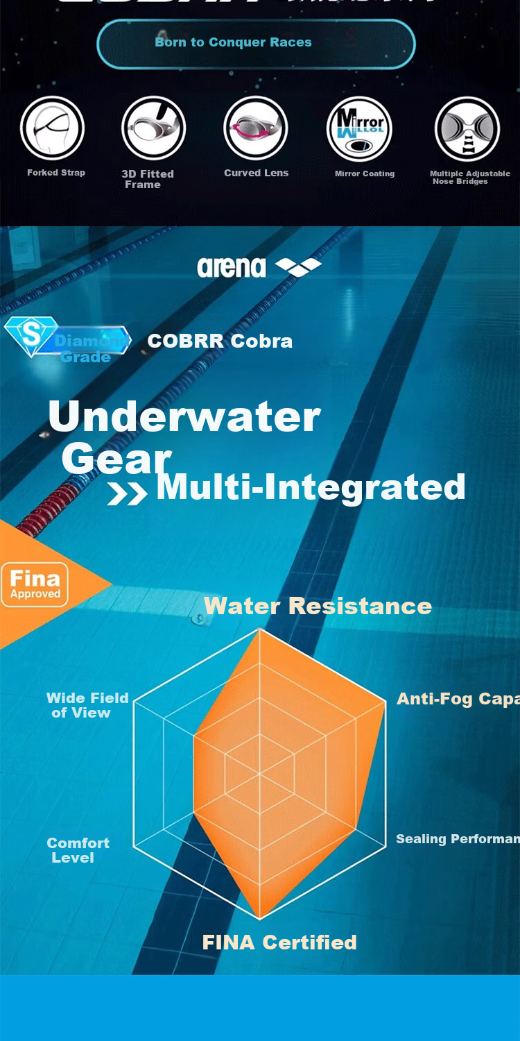 Arena Cobra Racing Swim Goggles Imported Anti-Fog Waterproof HD Coated Professional Training Swimming Federation Certified 2