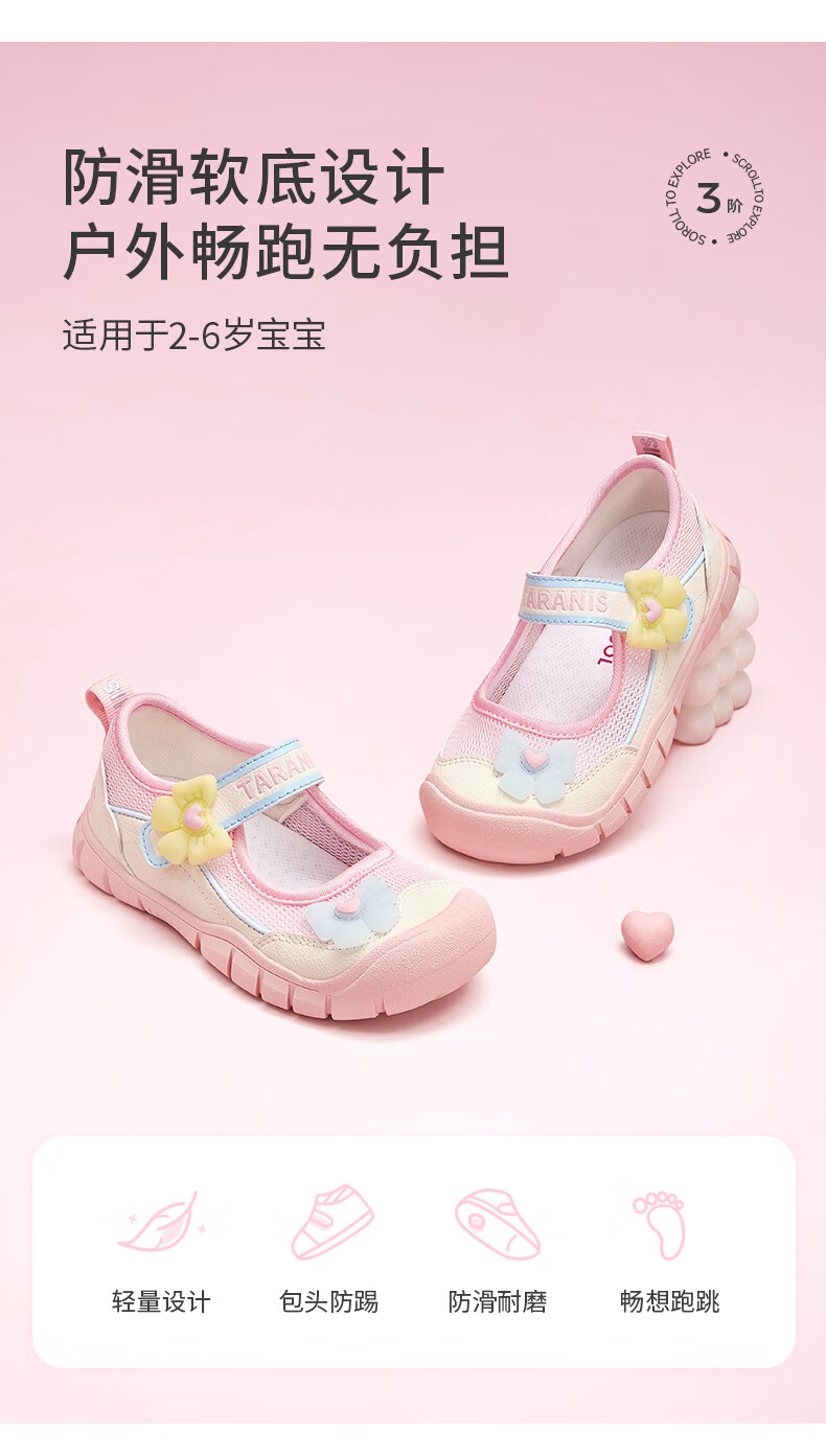TARANIS Spring Summer Girls Breathable Mesh Sports Sandals Sweetheart Princess Mary Jane Kindergarten Shoes White/Pink Size 27 2