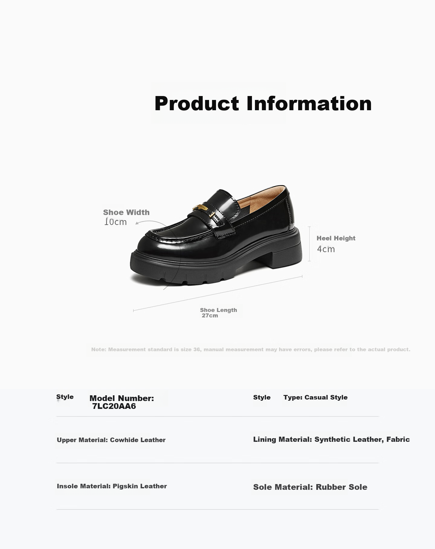 TATA Lu Yuxiao's Magic Detective Thick-Soled Loafers, British Style Genuine Leather Shoes, Black, Size 38 18