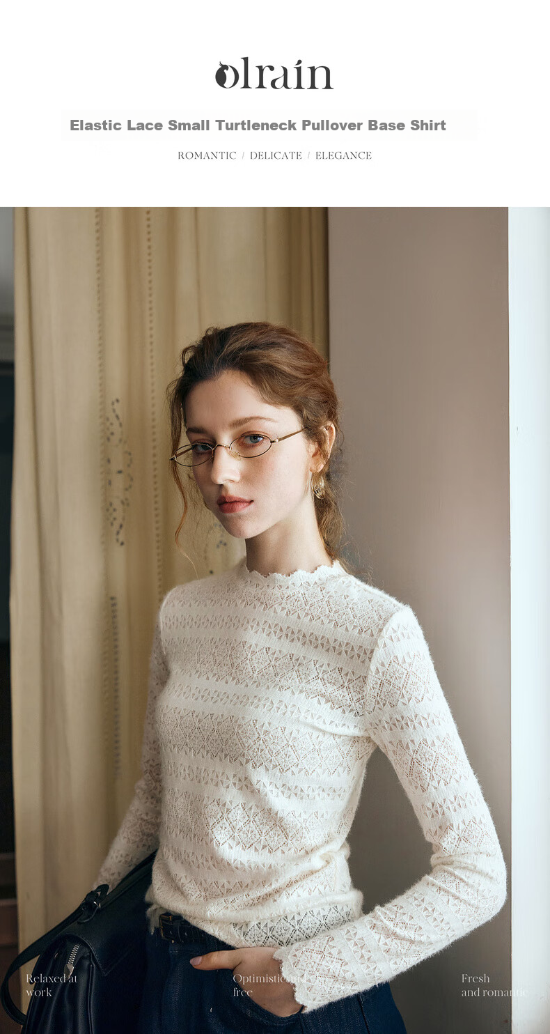 Olrain Eurier Small Turtleneck Pullover Lace Long Sleeve Slim Fit Top Women's Autumn Beige S 1