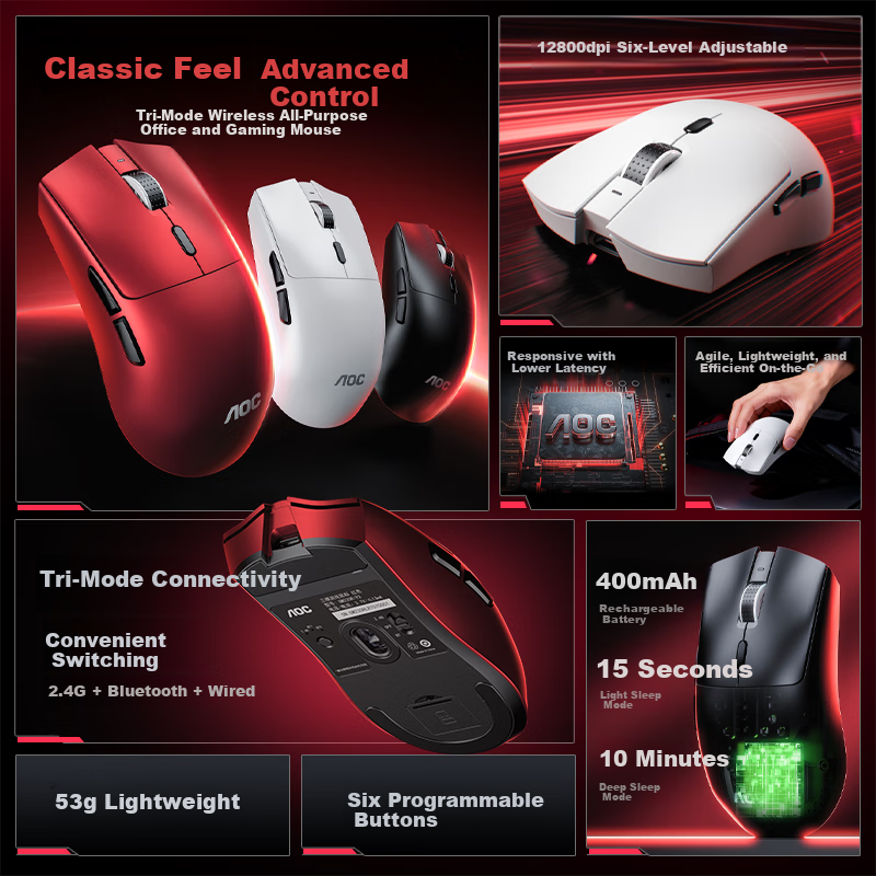 AOC GM230 Wireless Bluetooth Tri-Mode Mouse Lightweight Gaming Office Rechargeable Programmable Macro Laptop Mouse White