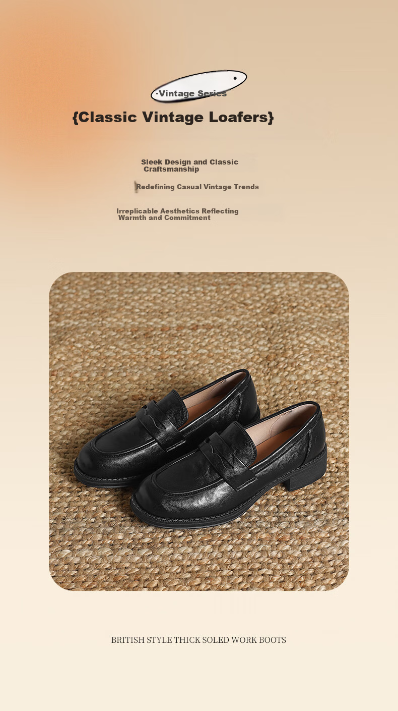 DAPHNE British Style Black Leather Shoes for Women, 2026 New Summer Thick Mid-Heel Loafers, Commuter Work Slip-On Flats 2