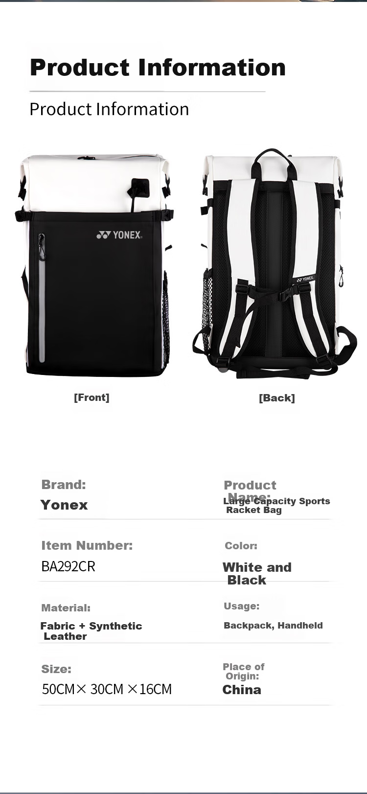 YONEX Badminton Racket Bag Net Universal Fashion Large Capacity Multifunctional Sports Backpack BA292CR White Black 3