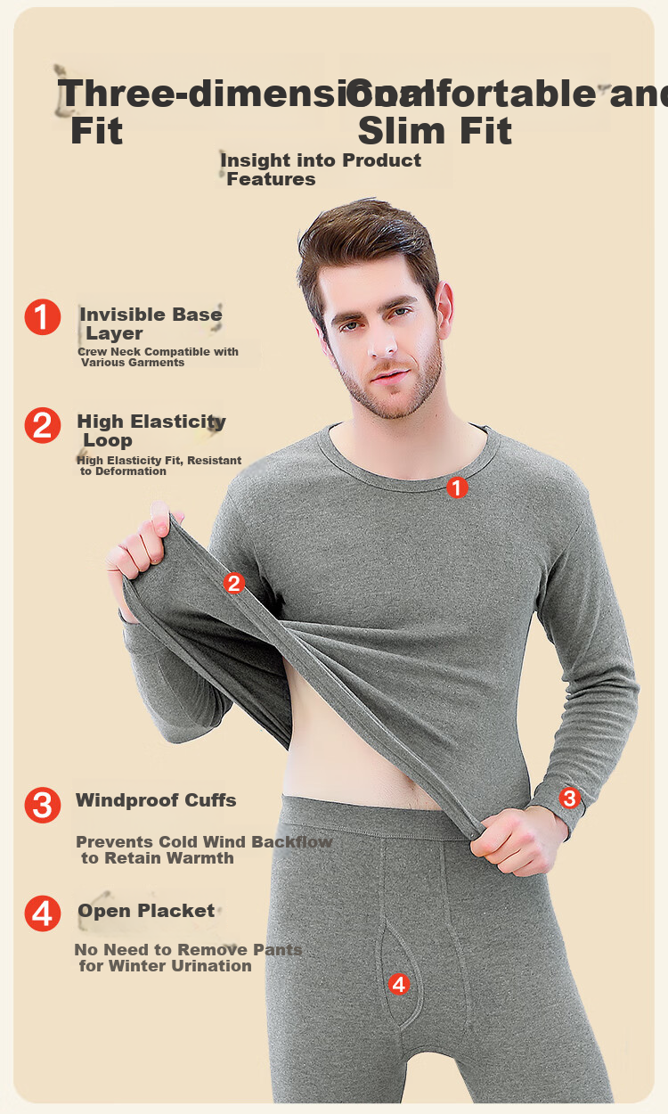 Bingxue Kapok Men's Pure Cotton Thermal Underwear Set 10A Antibacterial Mite-Resistant Autumn Winter Base Layer Crew Neck Warm Underwear 12