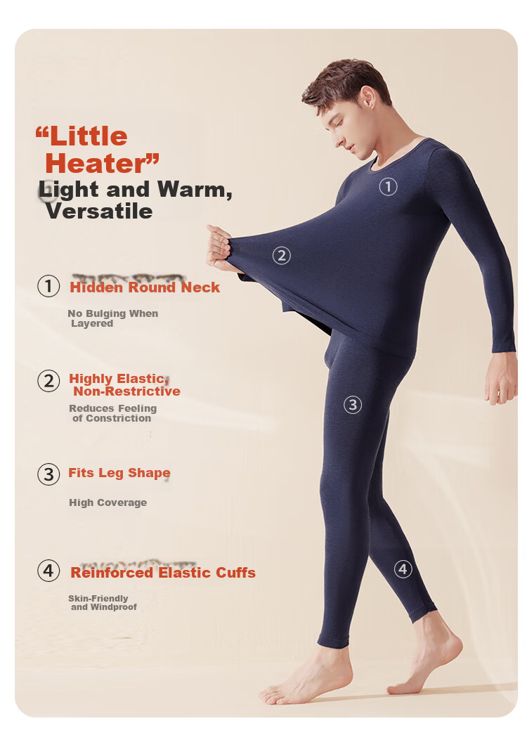 LangSha Men's Acrylic Thermal Seamless Round Neck Breathable Thin Warm Base Layer Set 8