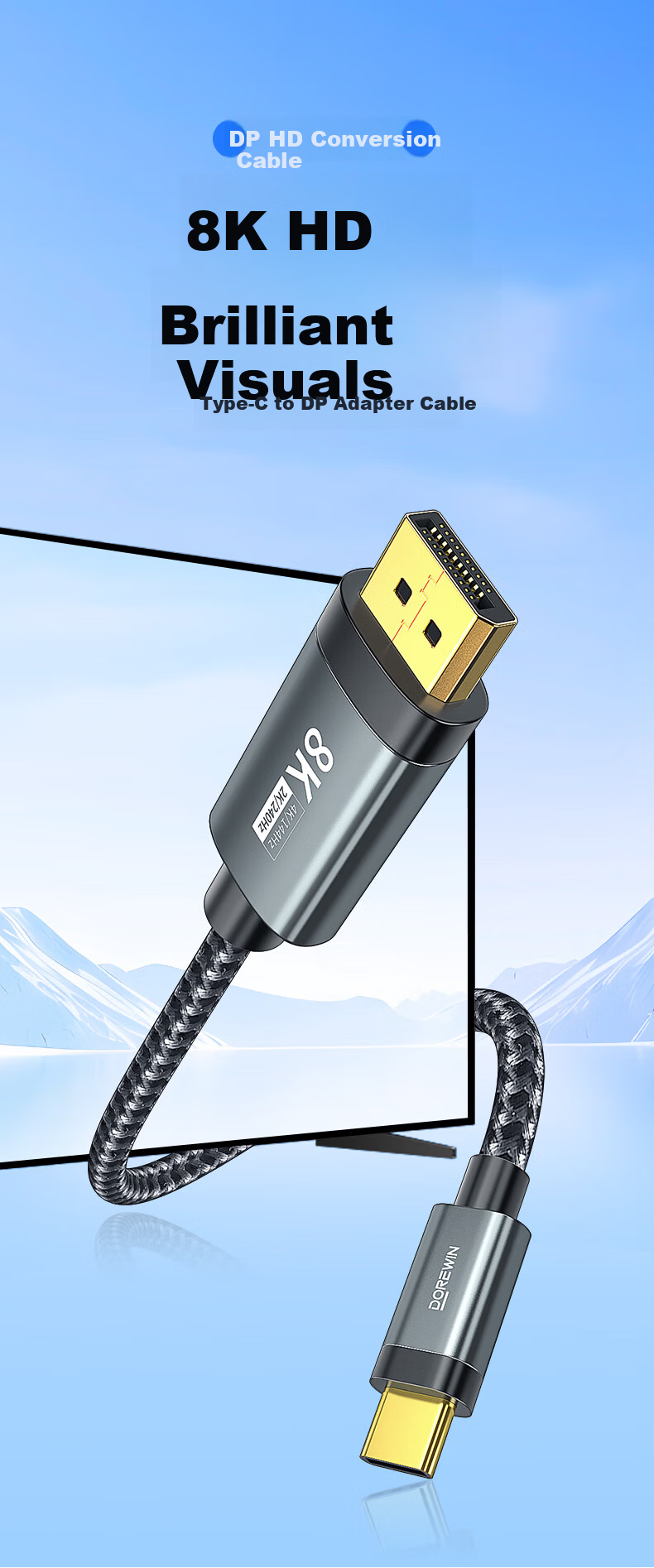 DOREWIN Type-C to DP1.4 Adapter USB-C Converter 8K60/4K240Hz Display Cable for MacBook Laptop Phone Monitor 1