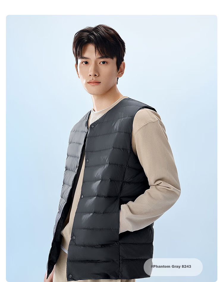 BOSIDENG Men's Spring and Autumn 90% Down Lightweight Round Neck Slim Short Vest Casual Jacket Gift 14