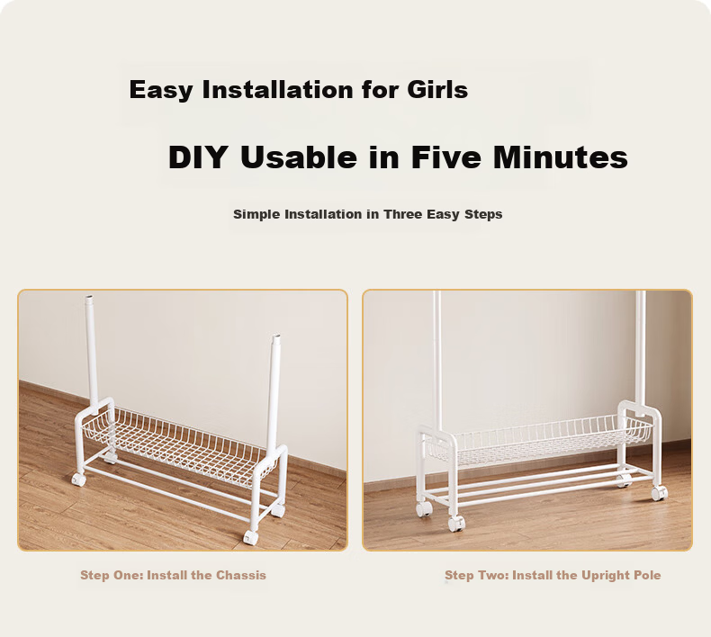 Yicai Nianhua Floor Clothes Drying Rack with Net and Wheels Multifunctional Bedroom Clothes Rack with Storage Basket and Coat Hanger 1255 17