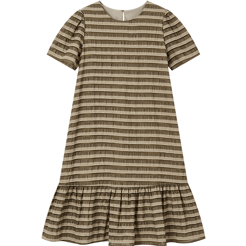 Demana [Lyocell] Summer Vintage Wrinkled Striped Ruffle Loose Slimming Concealing Dress for Women High-End Feel
