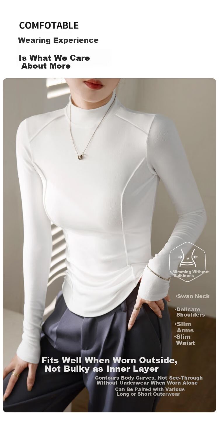 LangSha Women's Semi-Turtleneck Wool and Silk Thermal Slim Fit Herringbone Autumn Winter Base Layer Shirt 11