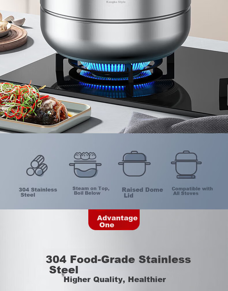 Kambach 28cm Stainless Steel 304 Double-Layer Steamer Pot with Composite Bottom for Gas Stove and Induction Cooker 2