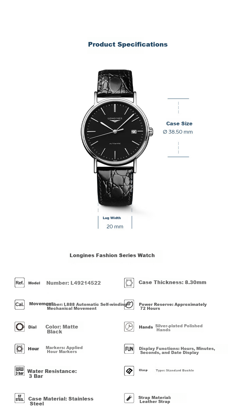 LONGINES Swiss Watch Fashion Series Men's Leather Strap Mechanical Watch L49214522 2