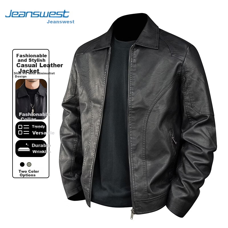 Jeanswest Men's Spring Business Casual Simple Lapel Solid Color PU Jacket Trendy Stylish Youth Outerwear