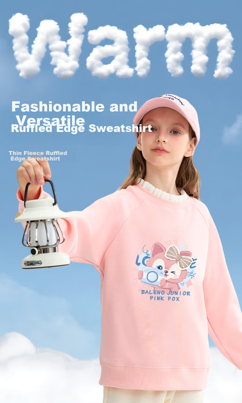 Baleno Girls' Winter Pullover Hoodie 2025 Ruffled Edge Fleece-Lined Thickened Autumn and Winter Top 1