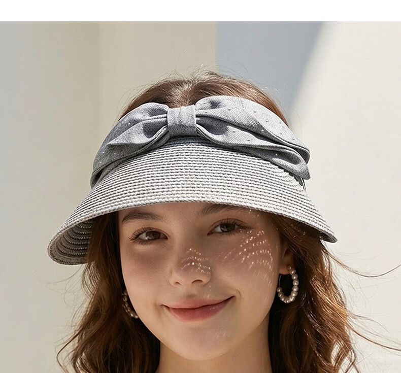 CACUSS Women's Open-Top Straw Sun Hat with Bow, Fashionable Vacation Outdoor Summer Sunshade Cap, Starlight Gray 13