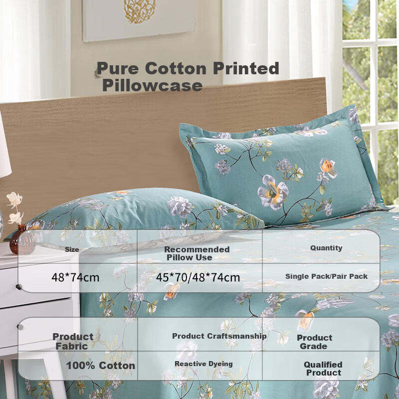 AVIVI Class A Cotton Pillowcase Set, Pure Cotton Single Pillow Covers, Pair of Pillow Core Covers, Fresh Garden, 48*74cm