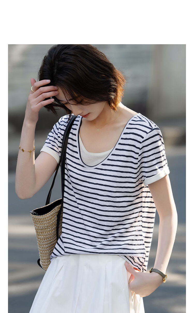 Demana [Refreshing Lyocell] Summer High Elastic Retro Two-in-One Color-Block Striped Slimming Concealing T-Shirt for Women Premium Feel 11