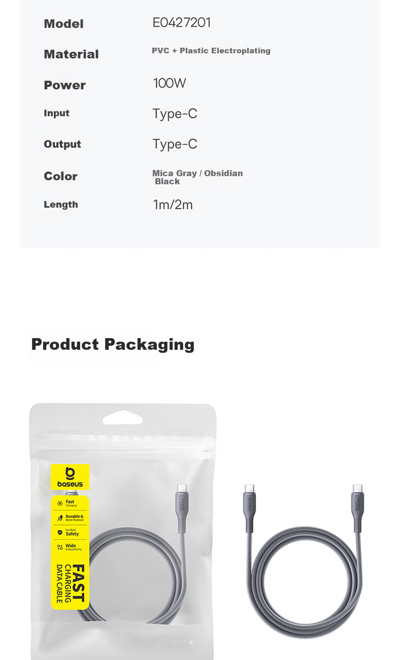 BASEUS Dual-Head Type-C Charging Cable, PD100W/88W Super Fast Charging Data Cable, Compatible with Huawei, Honor, Xiaomi, Apple 17/16/15 IPad, Laptops, Car Charger, 2 Gray 12